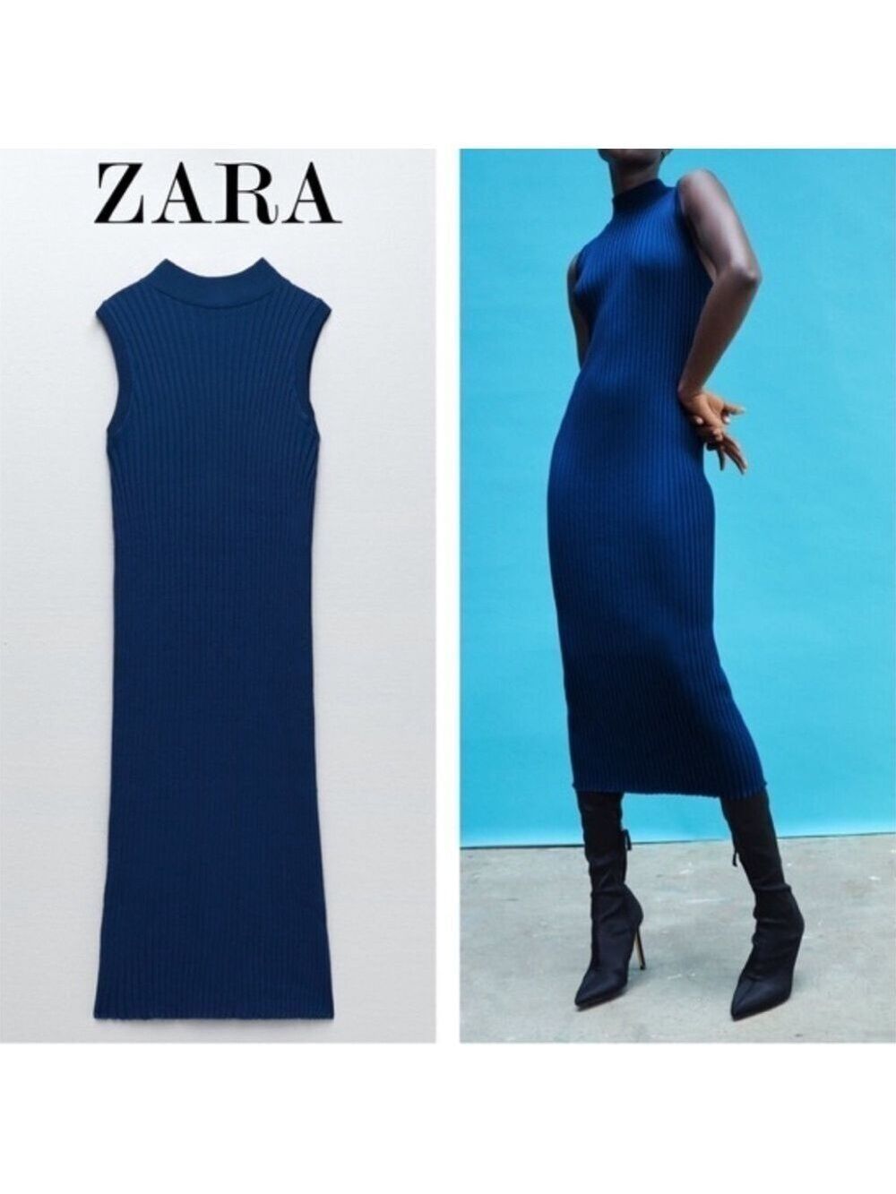 ZARA COLBALT BLUE BODYCON, RIBBED COTTON, SLEEVELESS  HIGH NECK MIDI DRESS SZ XS